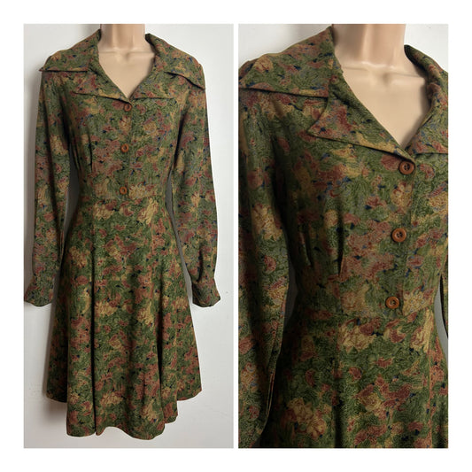 Vintage 1970s GIORRI DIFFUSION Size 10 Dark Green & Brown Floral Print Dagger Collar Long Sleeve Day Dress