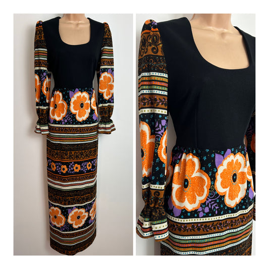Vintage 1970s Size 10 Black Orange White & Brown Floral & Stripe Print Long Sleeve Maxi Dress