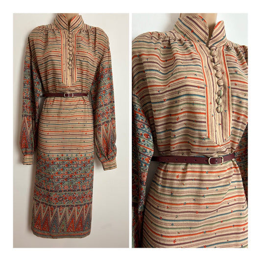 Vintage 1970s SUSAN SMALL UK Size 14 Oversize Beige Orange & Plum Stripe Belted Long Sleeve Smock Or Belted Dress