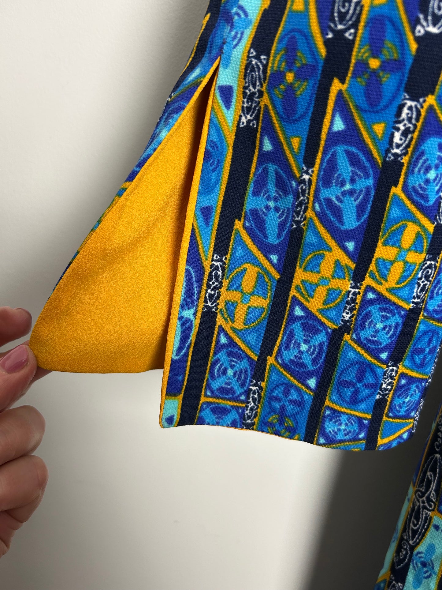 Vintage 1970s HARMONY Size 10-12 Blue Tones & Mustard Yellow Abstract Geo Check Print Long Sleeve Maxi Dress