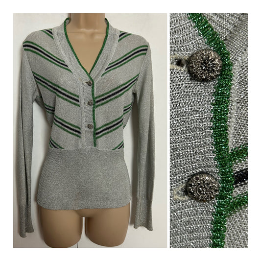 Vintage 1970s UK Size 10-12 Silver Green & Black Stripe Lurex Long Sleeve Top