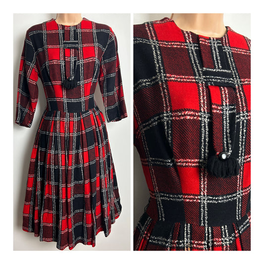 Vintage 1950s FAIMAN OF OXFORD Size 8-10 Red Black & White Check Print Wool Blend Long Sleeve Tassel Pleated Winter Dress