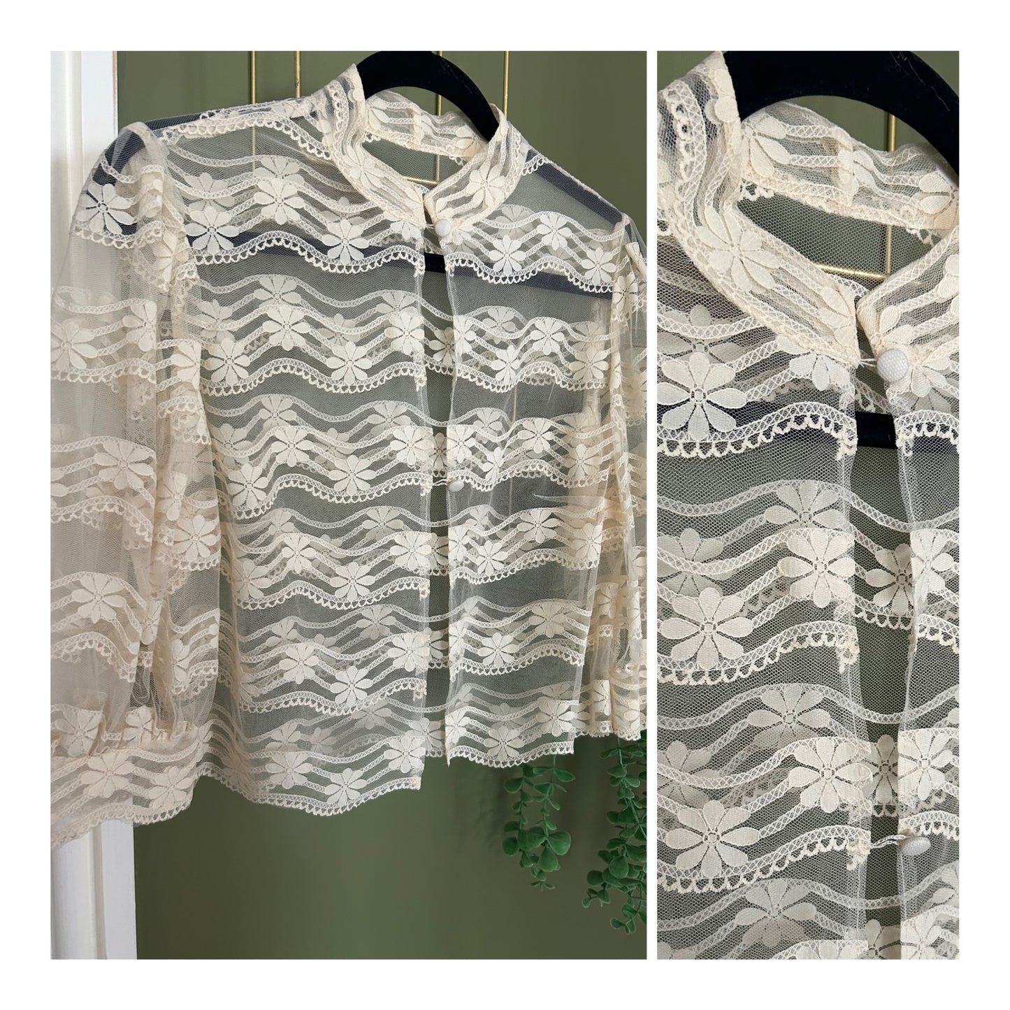 Vintage 1960s Size 12 Beautiful Cream Lace Net 3/4 Sleeve Semi Sheer Blouse Top