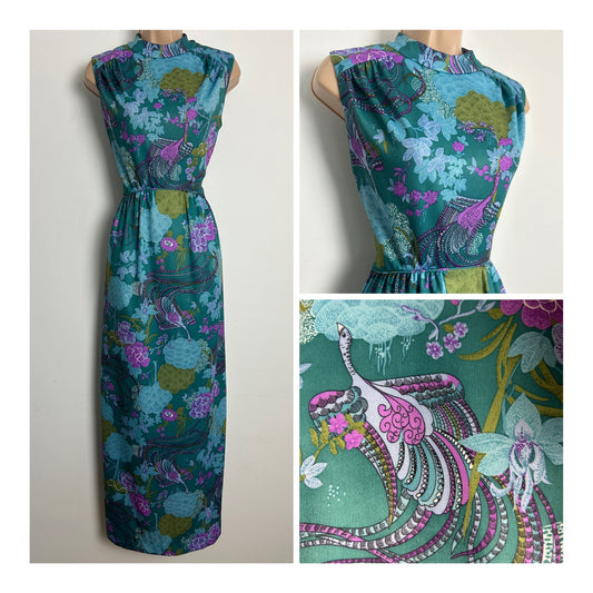 Vintage 1970s RARE ANDREA GAYLE Size 10 Teal Blue & Dusky Pink Floral & Exotic Bird Print Maxi Dress