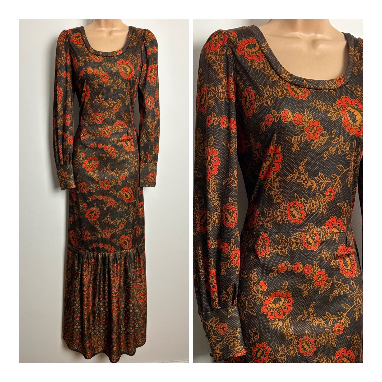 Vintage 1970s Size 8 Brown & Orange Floral & Polka Dot Print Long Sleeve Maxi Dress