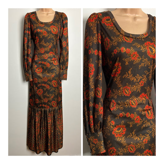 Vintage 1970s Size 8 Brown & Orange Floral & Polka Dot Print Long Sleeve Maxi Dress