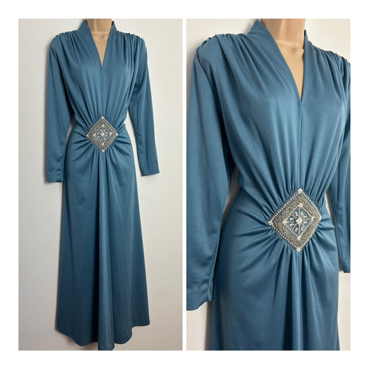 Vintage 1970s MARJON COUTURE & BAKER SPORTSWEAR UK Size 12 -14 Dusky Blue Long Sleeve Bead & Diamante Detail Occasion Maxi Dress