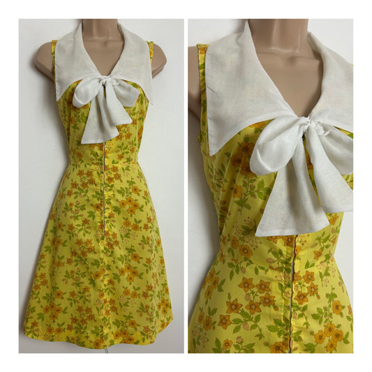 Vintage 1960s GERALD MURRAY Size 8-10 Yellow & Orange Floral Wide Collar Pussy Bow Summer Mod Dress
