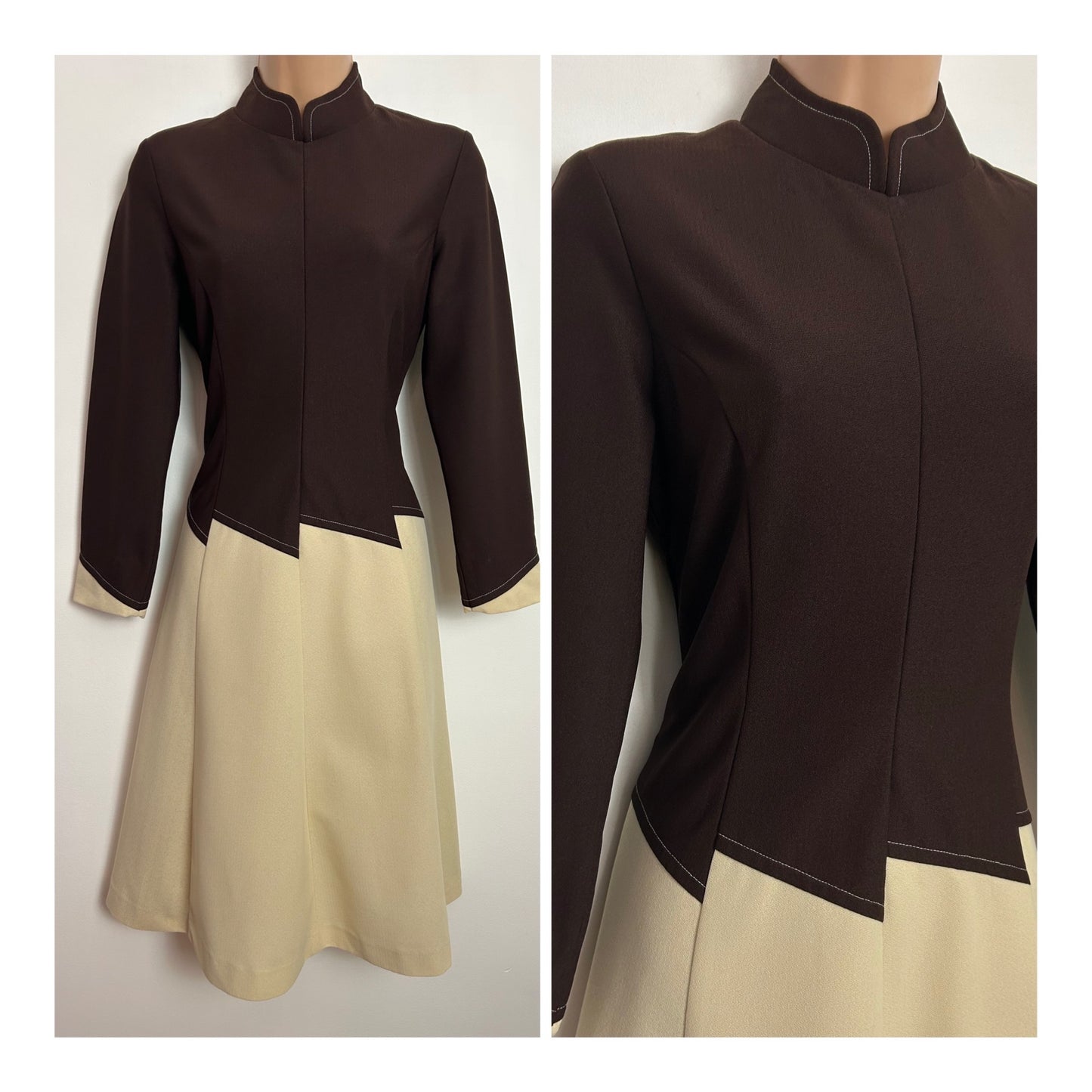 Vintage Late 1960s UK Size 8 ALISON JANE Brown & Cream Crimplene Long Sleeve Panel Mod Dress