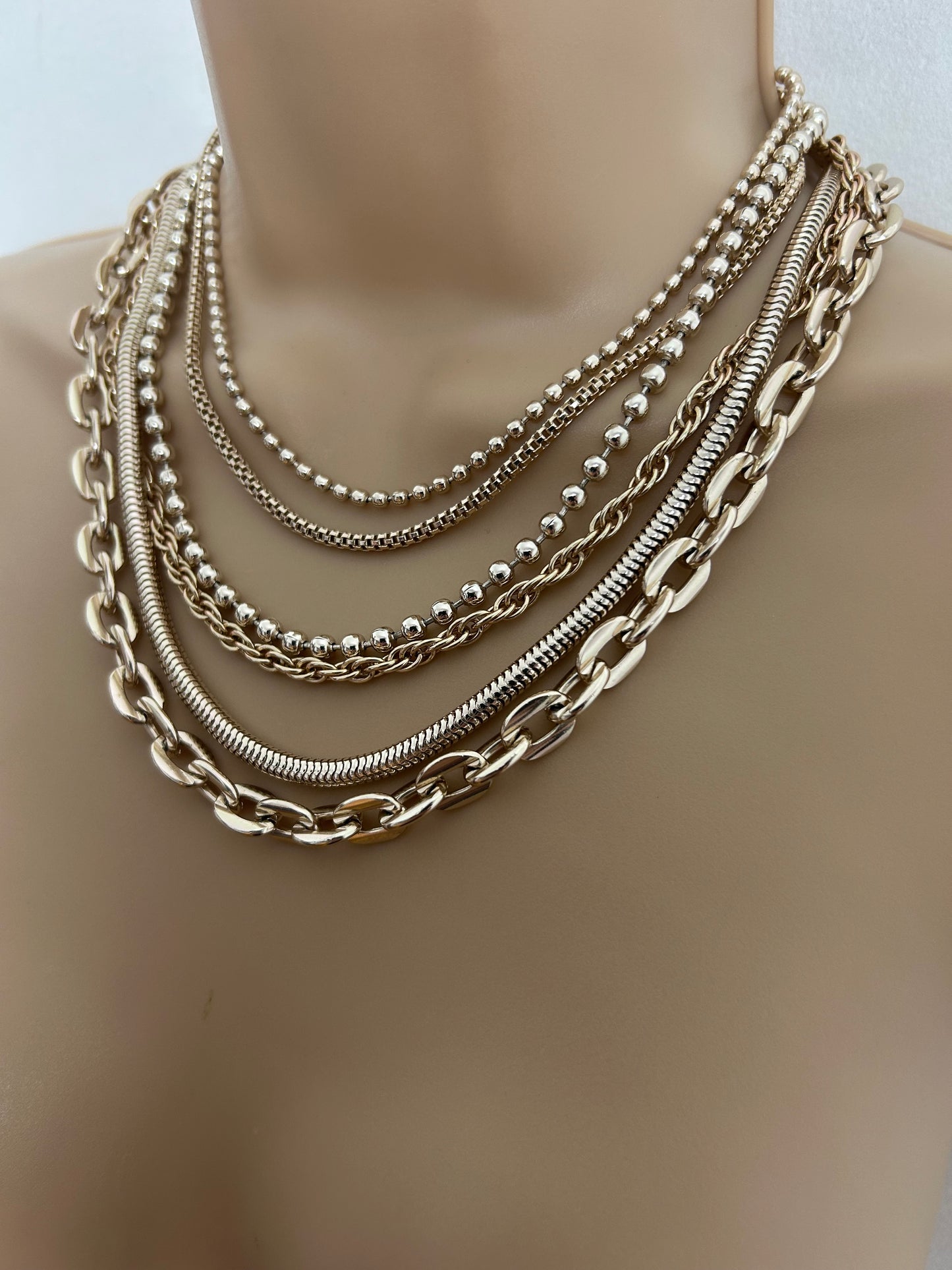 Vintage Gold Tone Multi Strand Stacked Choker Style Necklace
