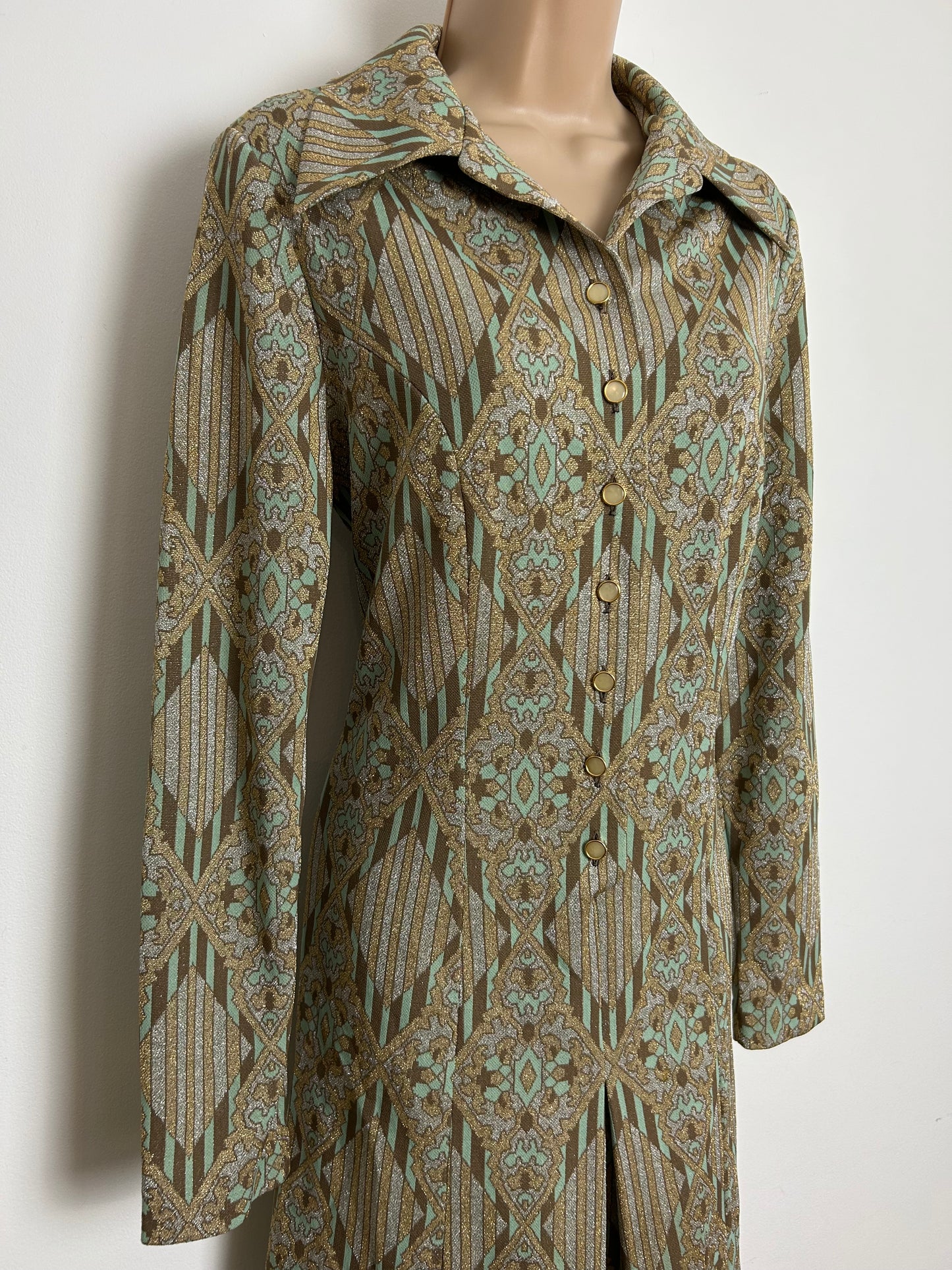 Vintage 1970s Size 12 Brown Mint Green Metallic Gold & Silver Lurex Abstract Stripe Print Long Sleeve Occasion Party Dress