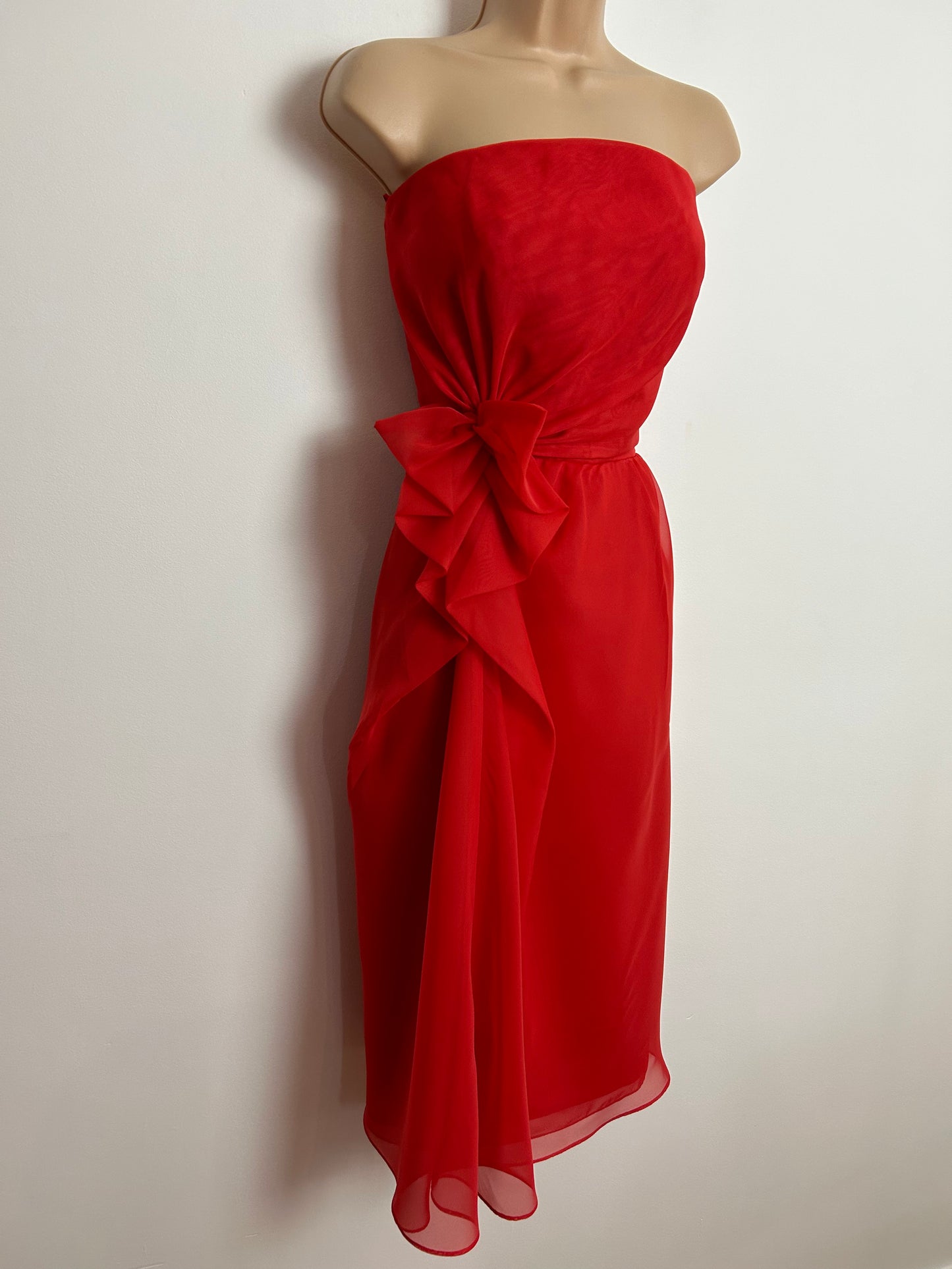 Vintage 1980s UK Size 10 FRANK USHER Red Strapless Boned Bow Ruffle Detail Cocktail Party Occasion Evening Dress