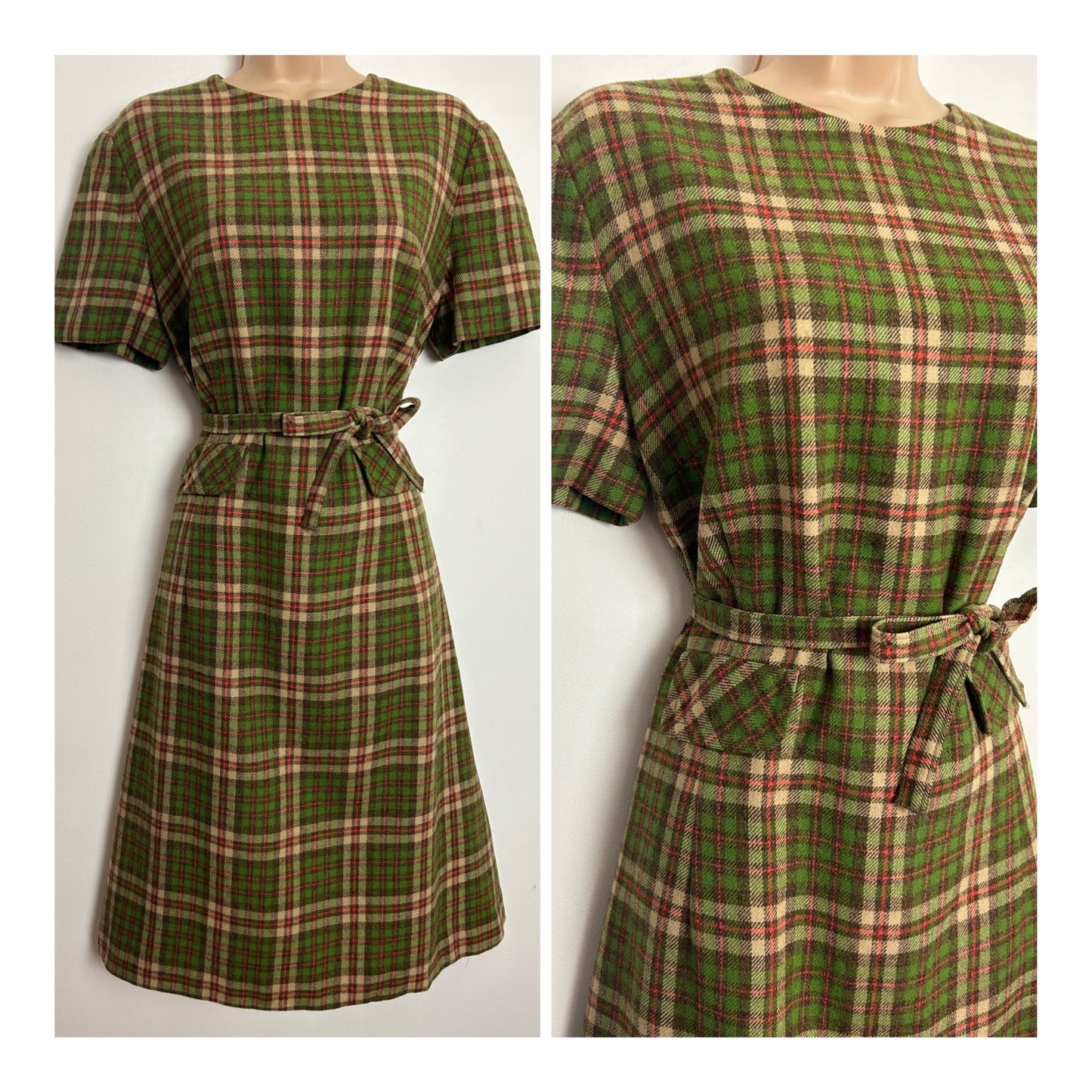 Vintage Early 1960s PENDLETON USA UK Size 14 Green Tartan Check 100% Virgin Wool Short Sleeve Belted Day Dress