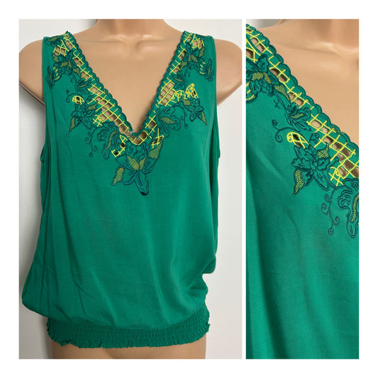 Vintage 1980s FOREVER Size M (UK 10) Cute Green Rayon Lattice & Embroidered Floral Top
