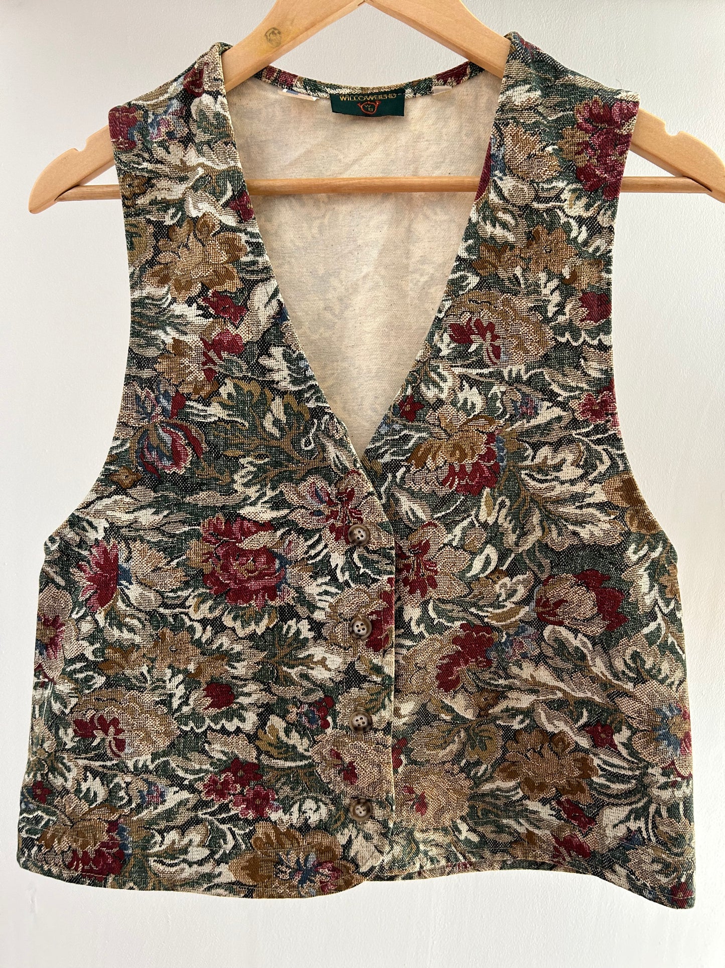 Vintage 1980s 1990s WILLOWBEND UK Size 10 (USA SMALL) Dark Green Dark Red & Cream Floral Tapestry 100% Cotton Waistcoat