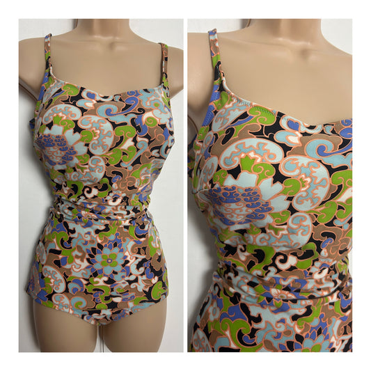 Vintage 1970s Size 12-14 Blue Brown Green & Coral Floral Print Swimsuit
