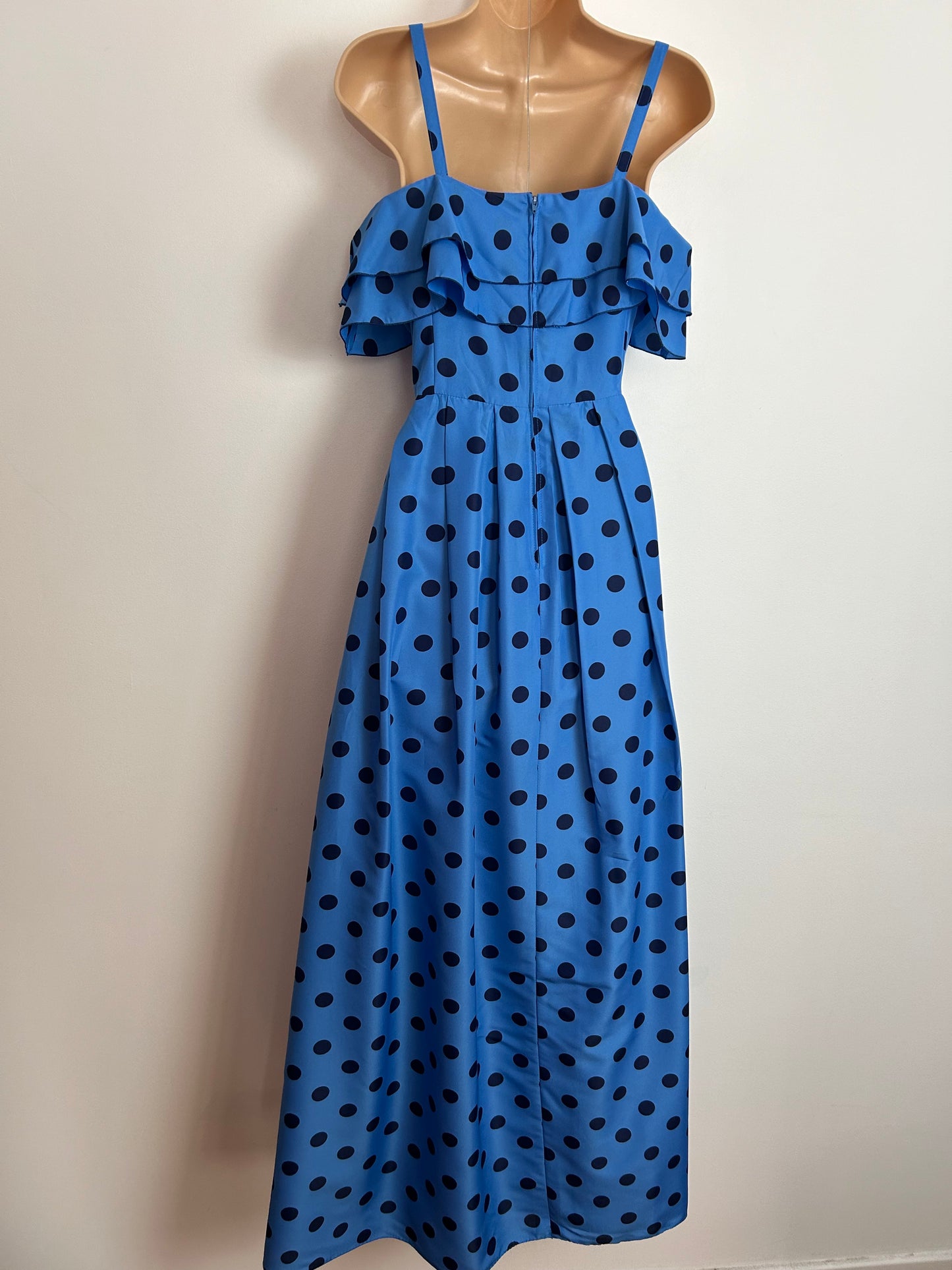 Vintage Late 1970s UK Size 10 Blue & Navy Polka Dot Strappy Ruffle Trim Pleated Maxi Dress