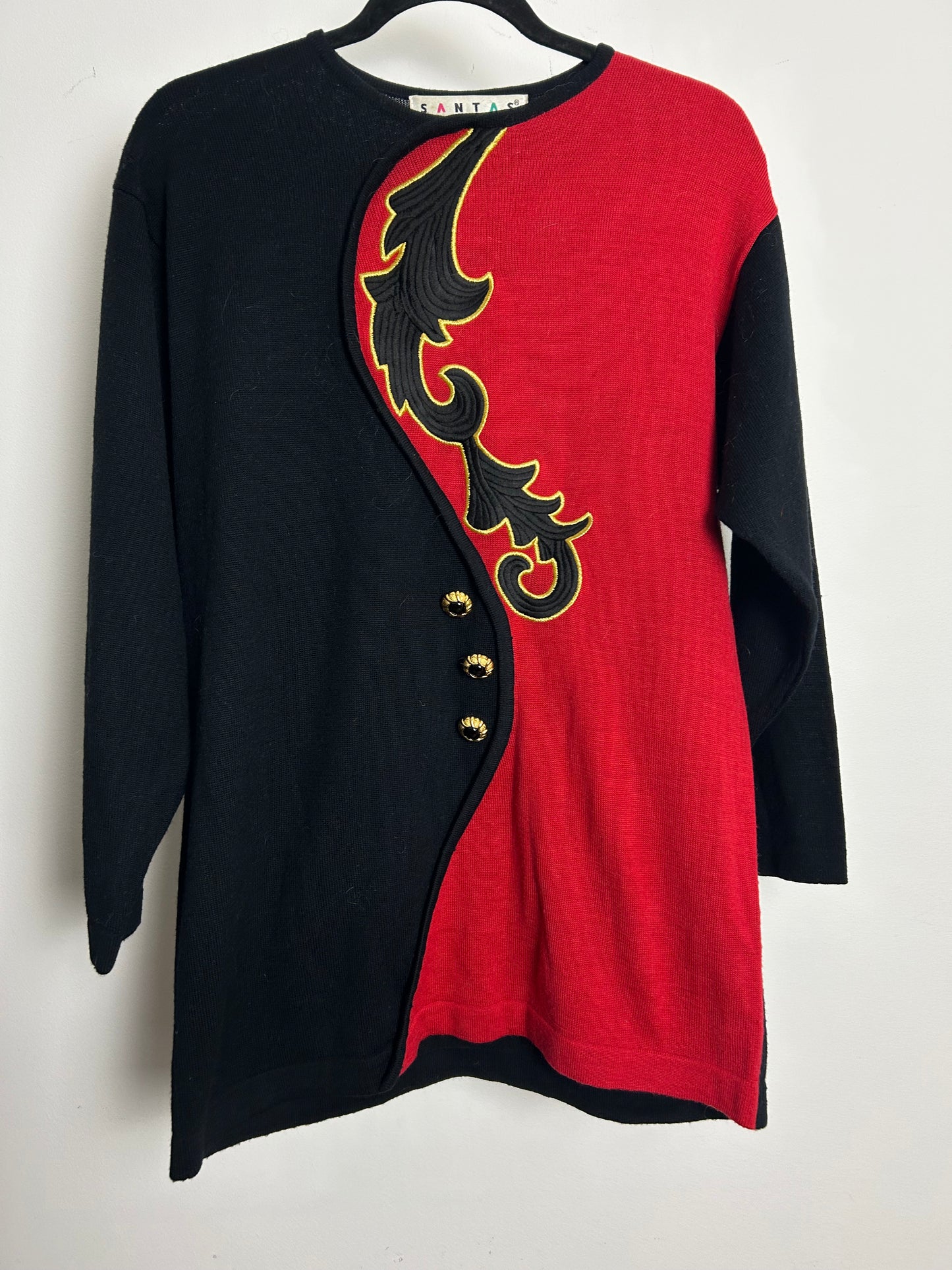 Vintage 1980s1990s  SANTAS Size 12-14 Black & Red Applique & Button Detail Wool Mix Jumper