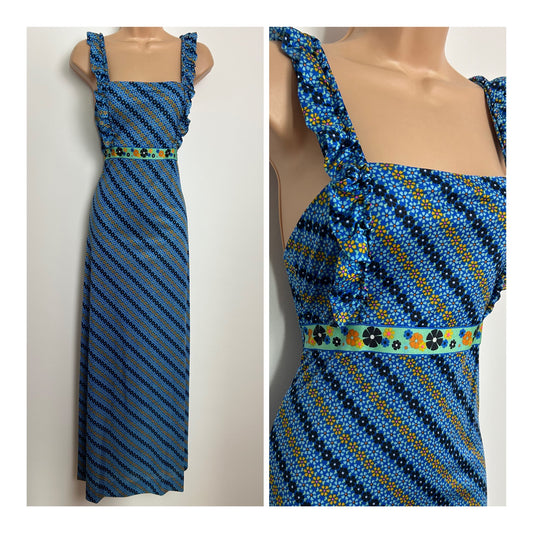 Vintage 1970s Size 6-8 Blue & Orange Floral Print Ruffle Strap Summer Boho Maxi Dress