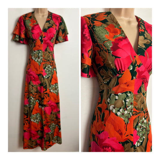 Vintage 1970s UK Size 10 Black Orange & Green Floral Print Short Sleeve Boho Maxi Dress