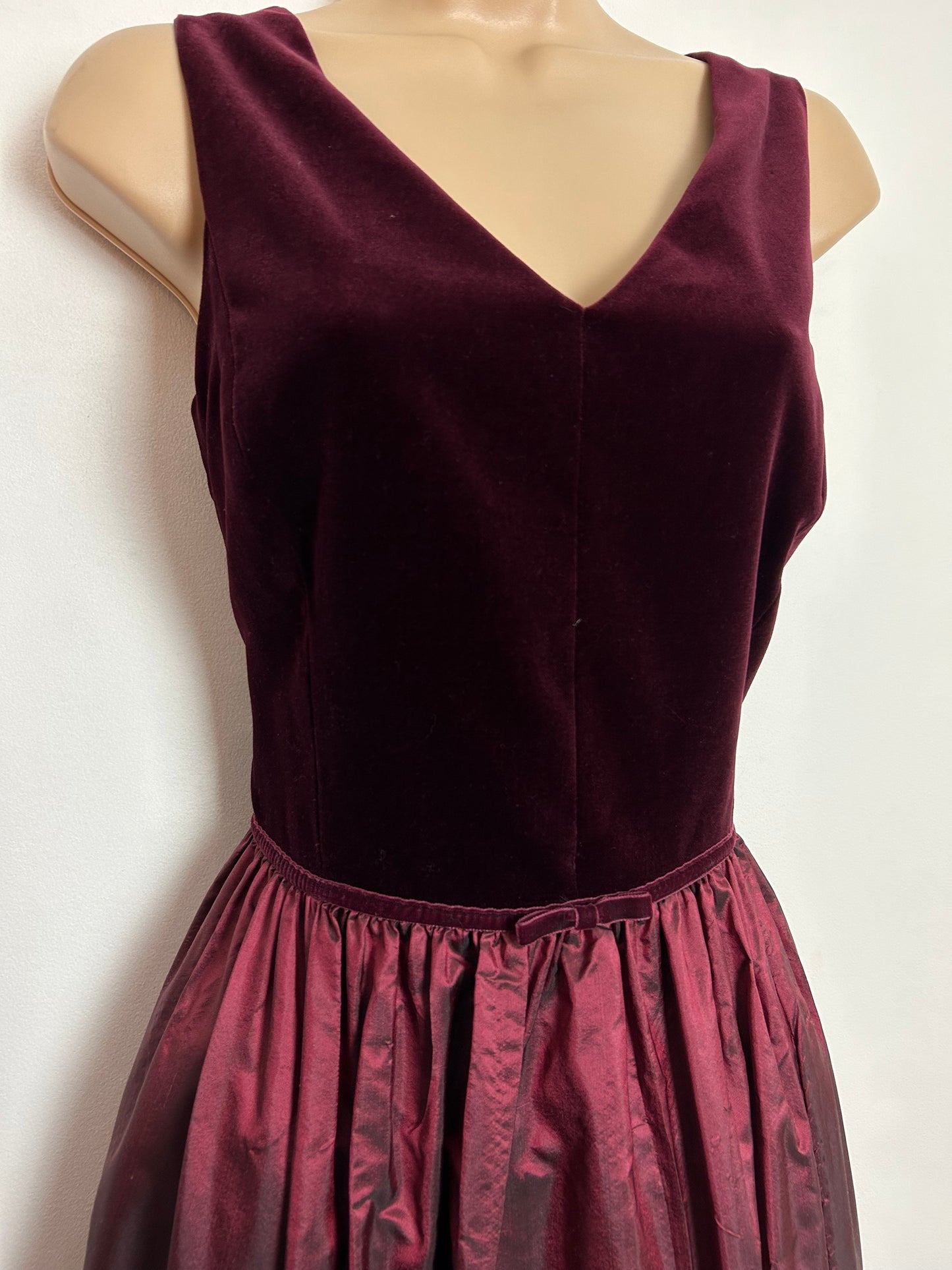 Vintage 1980s LAURA ASHLEY UK Size 12 Wine Red Velvet & Acetate Xmas Party Maxi Dress