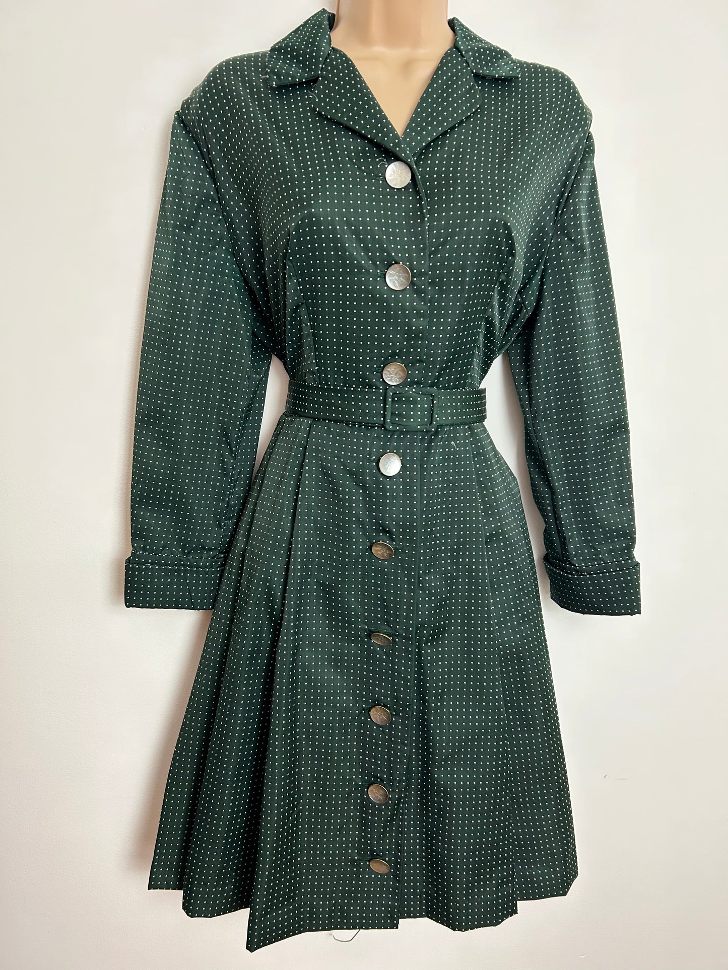 Vintage Late 1950s UK Size 14 Dark Green Polka Dot Pleated Belted Pleated Day Dress