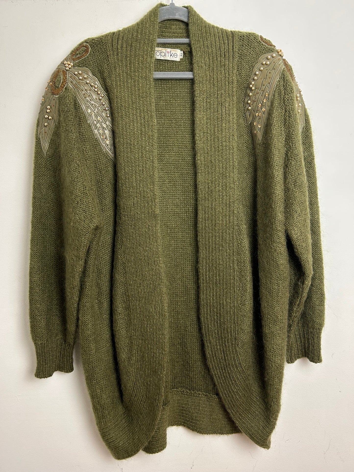 Vintage 1980s UP To Size 16 Olive Green Mohair Mix Leaf & Gold Bead Embellishment Open Fronted Cardigan