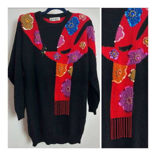 Vintage 1980s Size Large Black Wool & Angora Mix Bead & Sequin Floral Scarf Pattern Jumper
