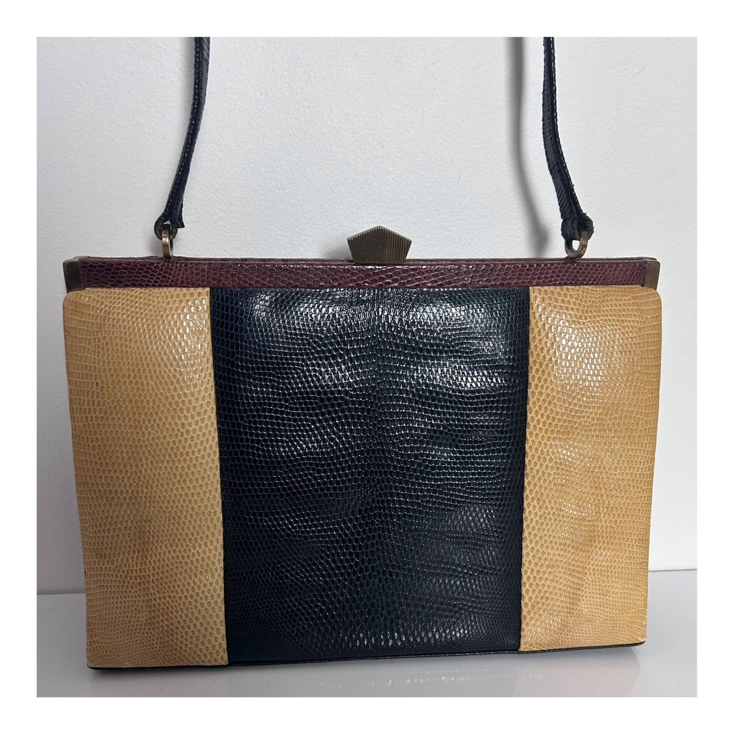 Vintage 1960s Black Beige & Brown Mock Reptile Leather Kelly Style Shoulder Handbag