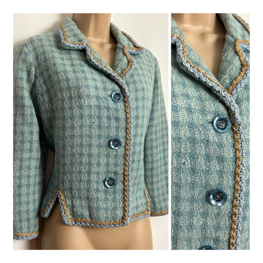 Vintage 1960s UK Size 12-14 Blue Tones Check Wool Mix Braid Trim Fully Lined Boucle Jacket