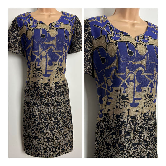 Vintage 1960s Size 12 Purple Gold & Black Abstract Print Lurex Mod Shift Party Dress