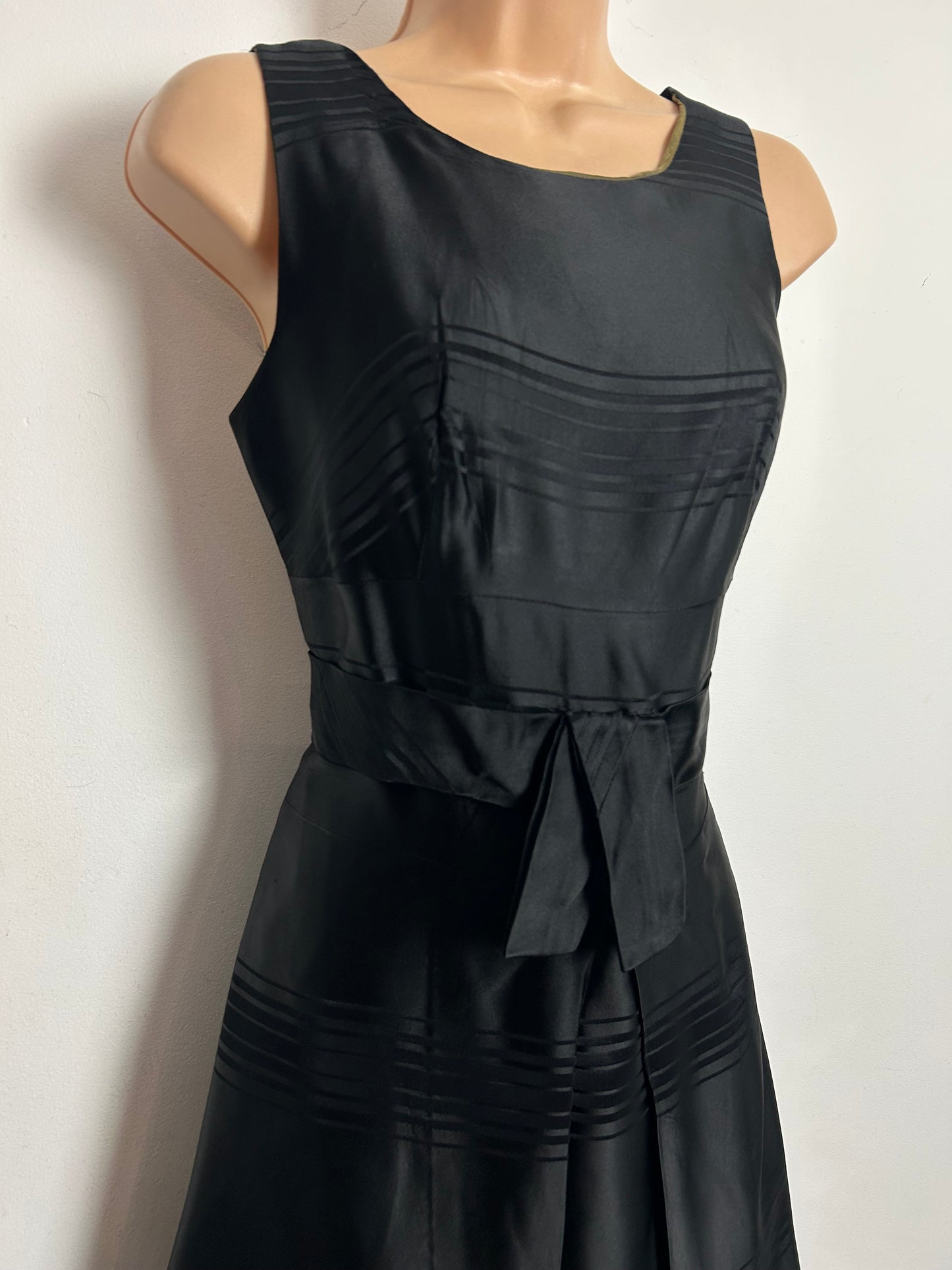 Vintage 1960s Size 8 Black Stripe Satin Sash Belted Party Dress