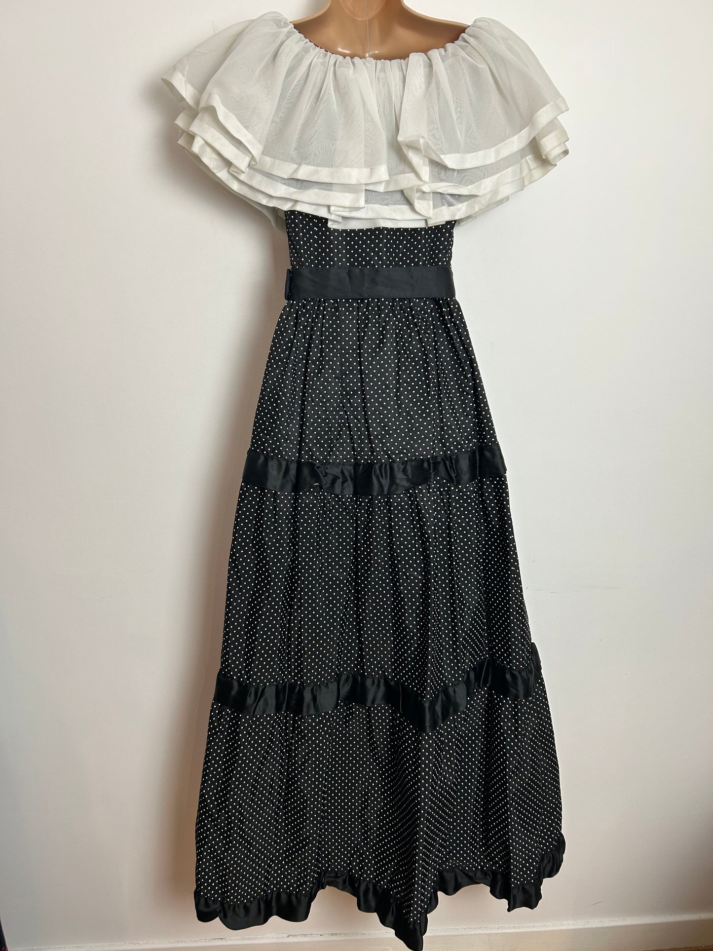 Vintage 1970s LURMAN UK Size 6 Black & White Polka Dot Print Belted Tiered Boho Prairie Maxi Dress