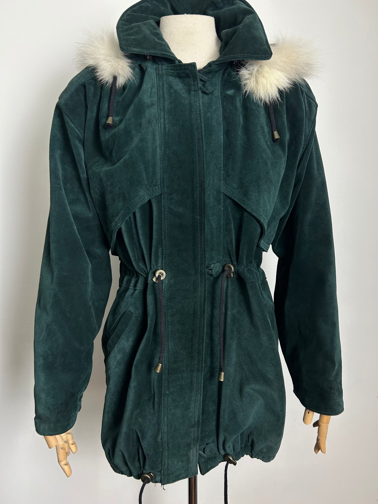 Vintage 1980s LEATHERSTIL ITALIAN Size 12-14 Dark Green Real Suede & Fur Trim Hooded Parka