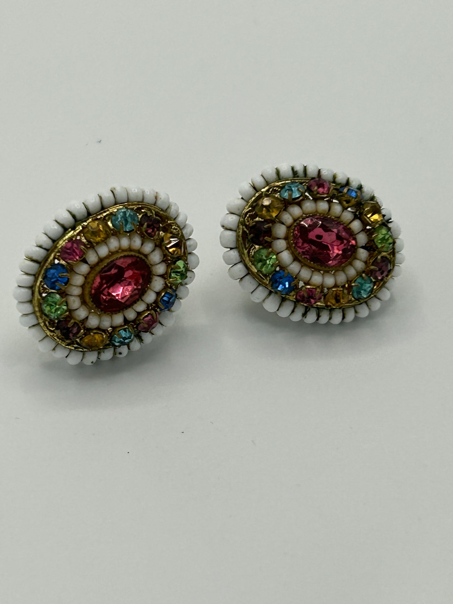 Vintage 1960s Gorgeous Seed Bead & Multicolour Glass Stone Set Oval Screw Back Earrings