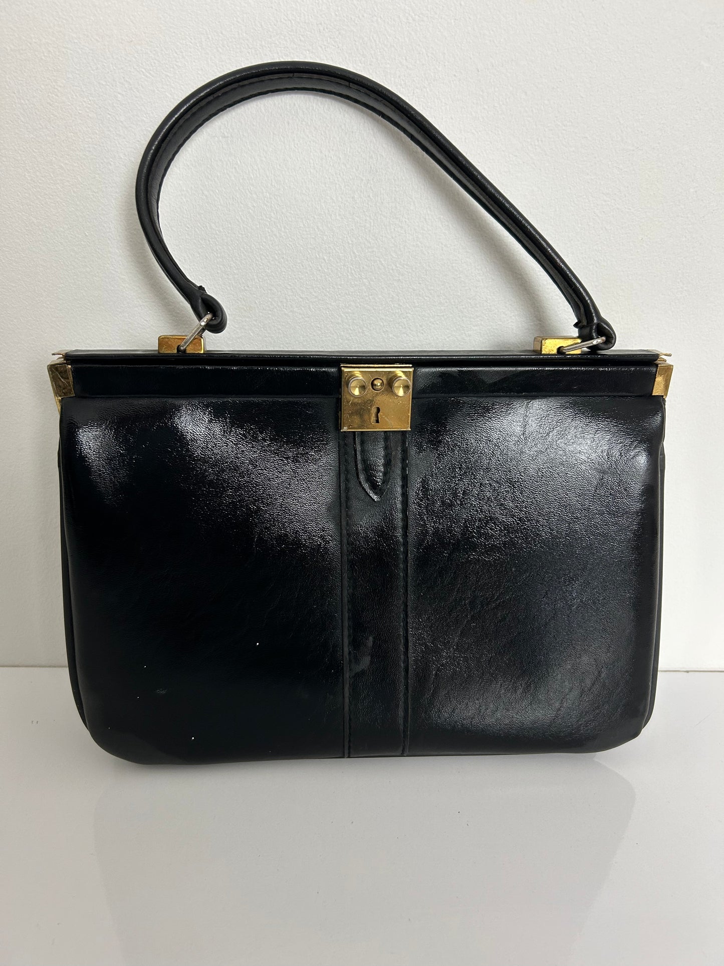 Vintage Early 1950s Black Stiff Leather Grab Handle Kelly Style Handbag