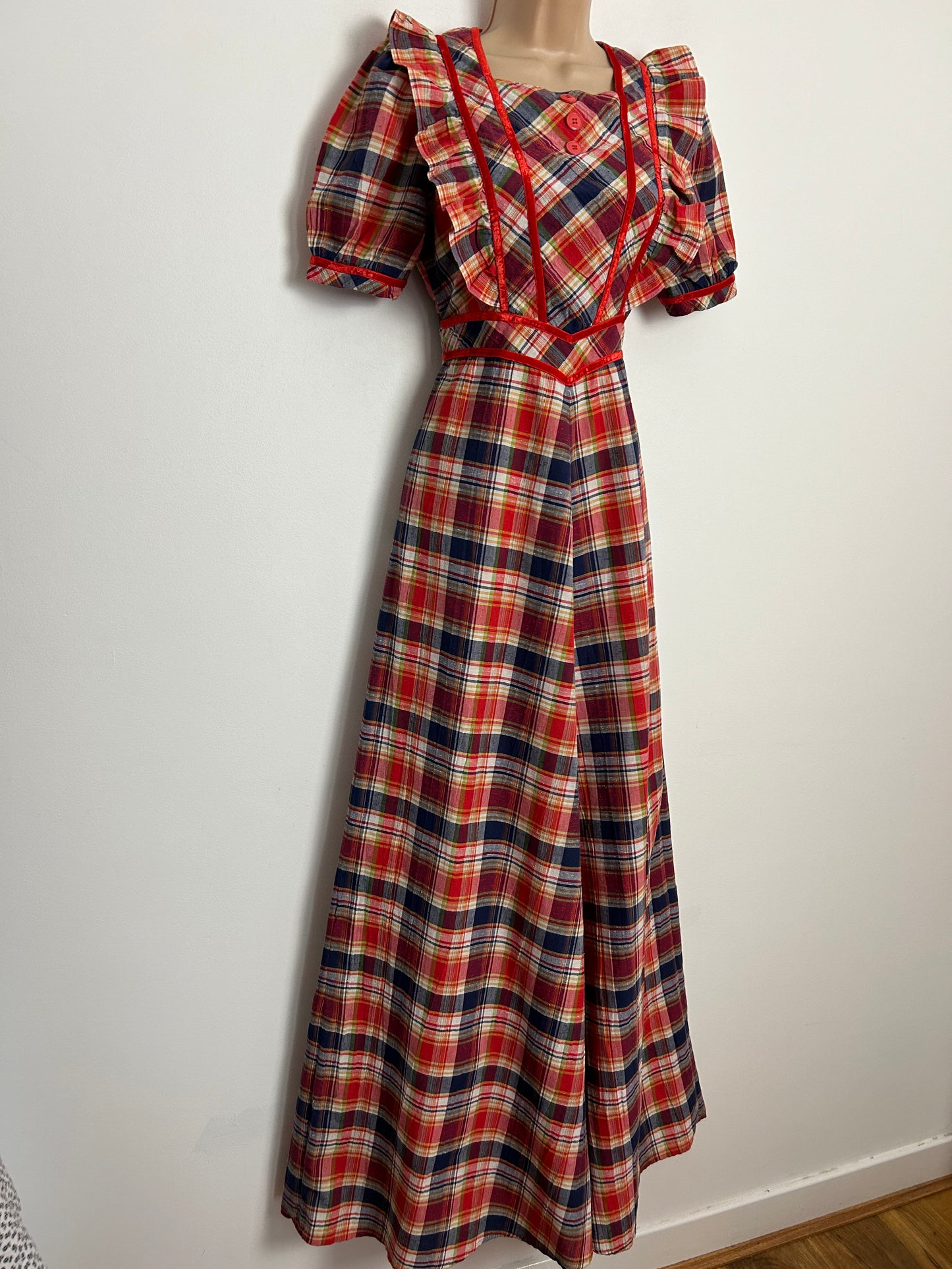 Vintage 1970s UK Size 8 Red Blue & White Check Print Short Sleeve Tie Back Prairie Cotton Maxi Dress