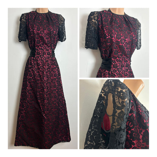 Vintage 1960s Size 8 Black & Dark Coral Pink Short Split Beaded Sleeve Occasion Evening Maxi Dress