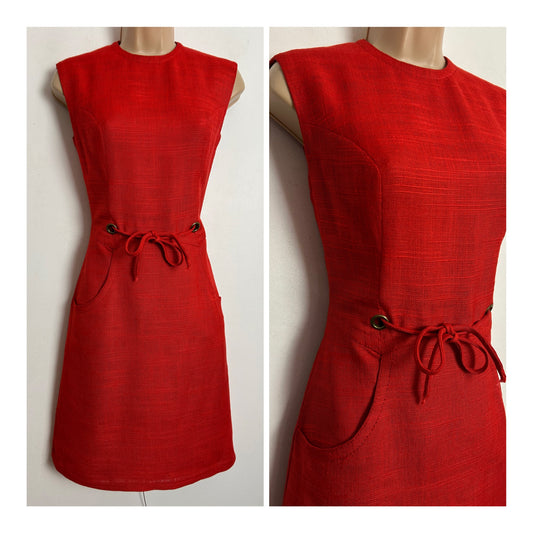 Vintage 1960s UK Size 8 Red Woven Viscose Sleeveless Tie Waisted Mod Shift Dress