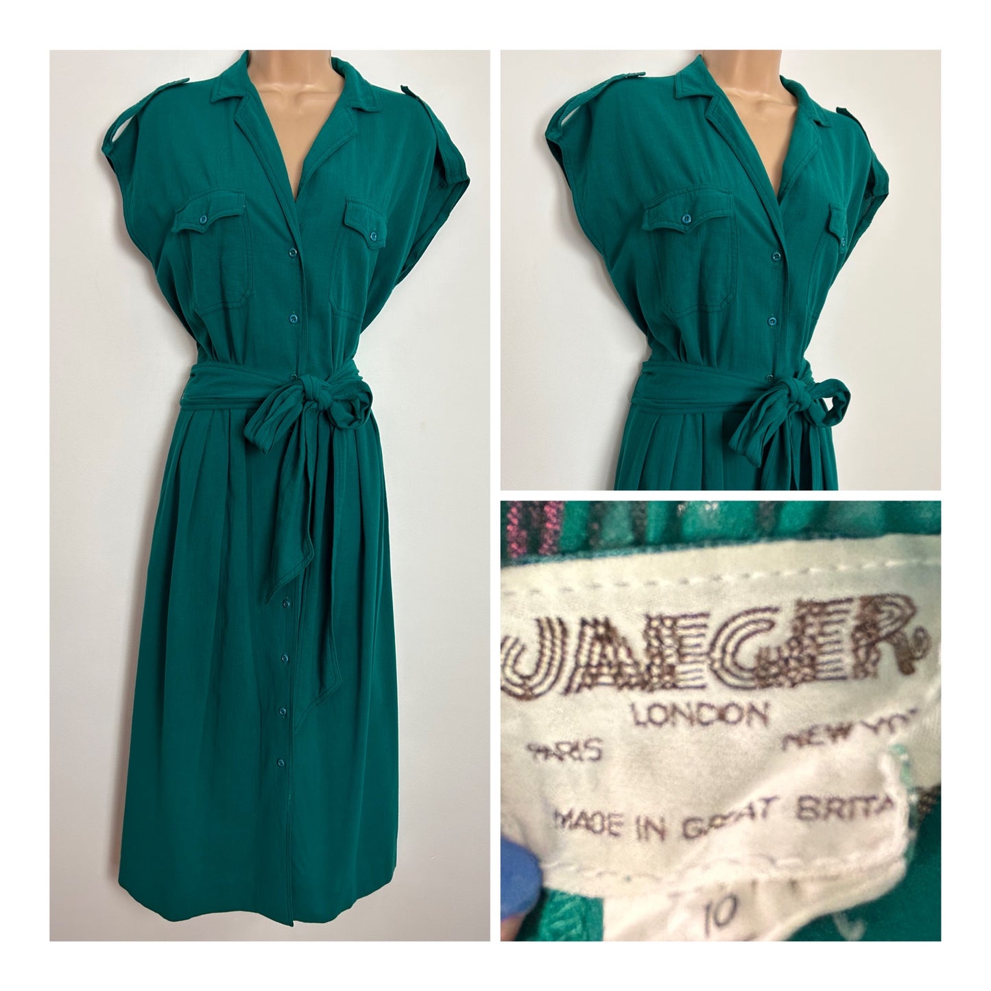 Vintage 1980s JAEGER UK Size 8 Emerald Green 100% Cotton Shirt Style Belted Midi Dress