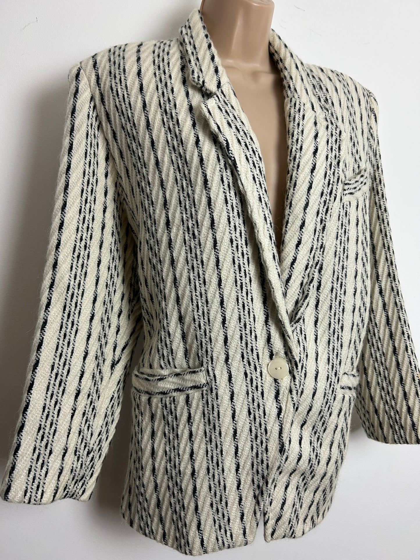 Vintage 1980s MIRAGE Size 16 Cream & Black Stripe Wool Mix Fully Lined Blazer/Jacket