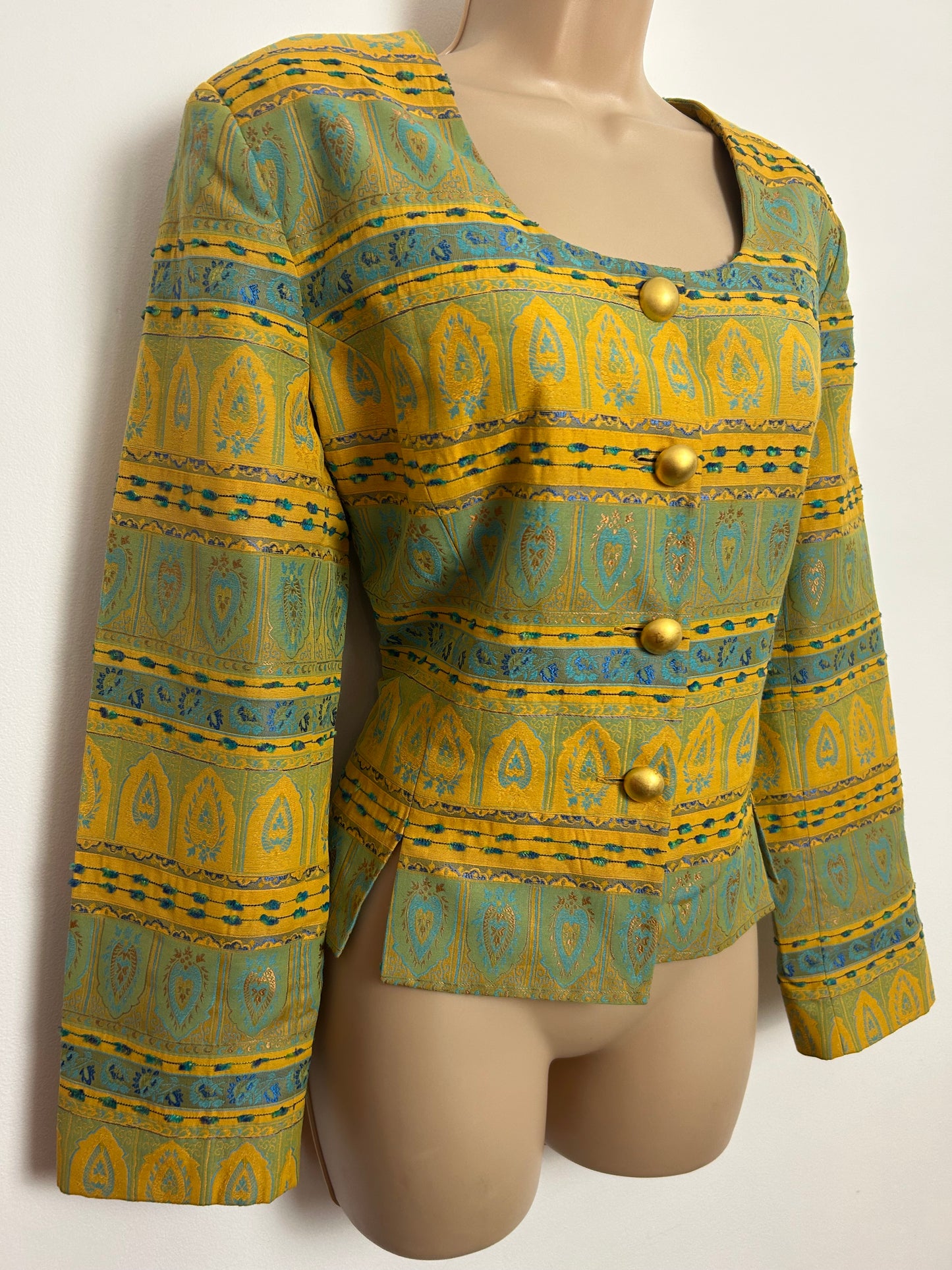 Vintage 1980s JULIE GUERLANDE Size 14 Yellowy Gold & Duck Egg Blue Jacquard Collarless Jacket