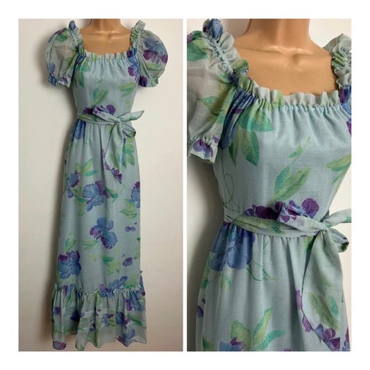 Vintage 1970s MARIE ROBELLE Size 6 Blue Purple & Green Floral Cotton Mix Prairie Maxi Dress