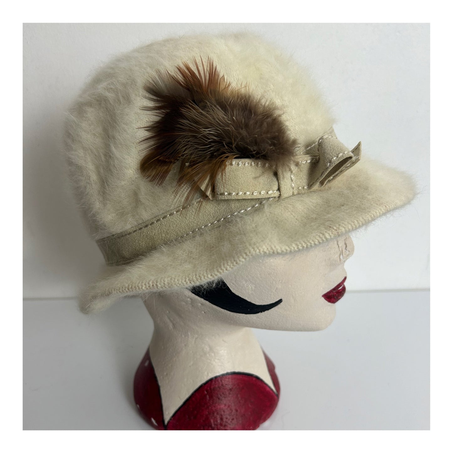 Vintage 1970s Austrian Cream Super Soft Angora Mix Braid & Feather Trim Hat