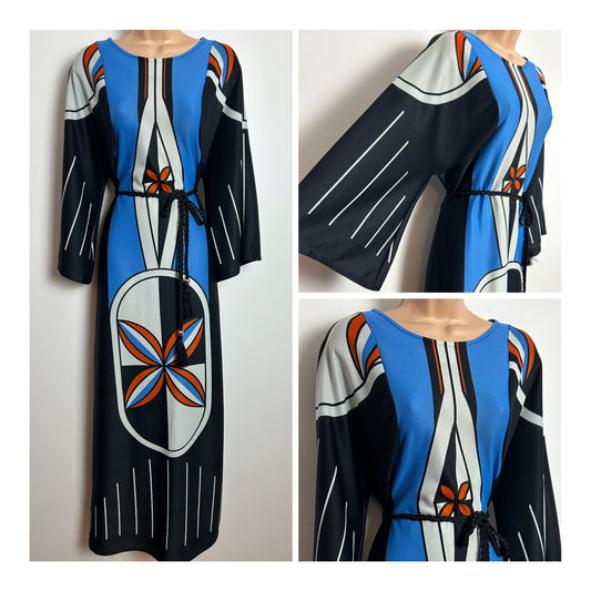 Vintage 1970s Size 12-14 Black Blue Orange & Off White Abstract Print Long Sleeve Kaftan Style Maxi Dress