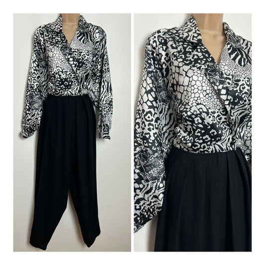 Vintage 1980s Size 12 Black & Silver Animal/Leopard Print Long Sleeve Pleated Evening Jumpsuit