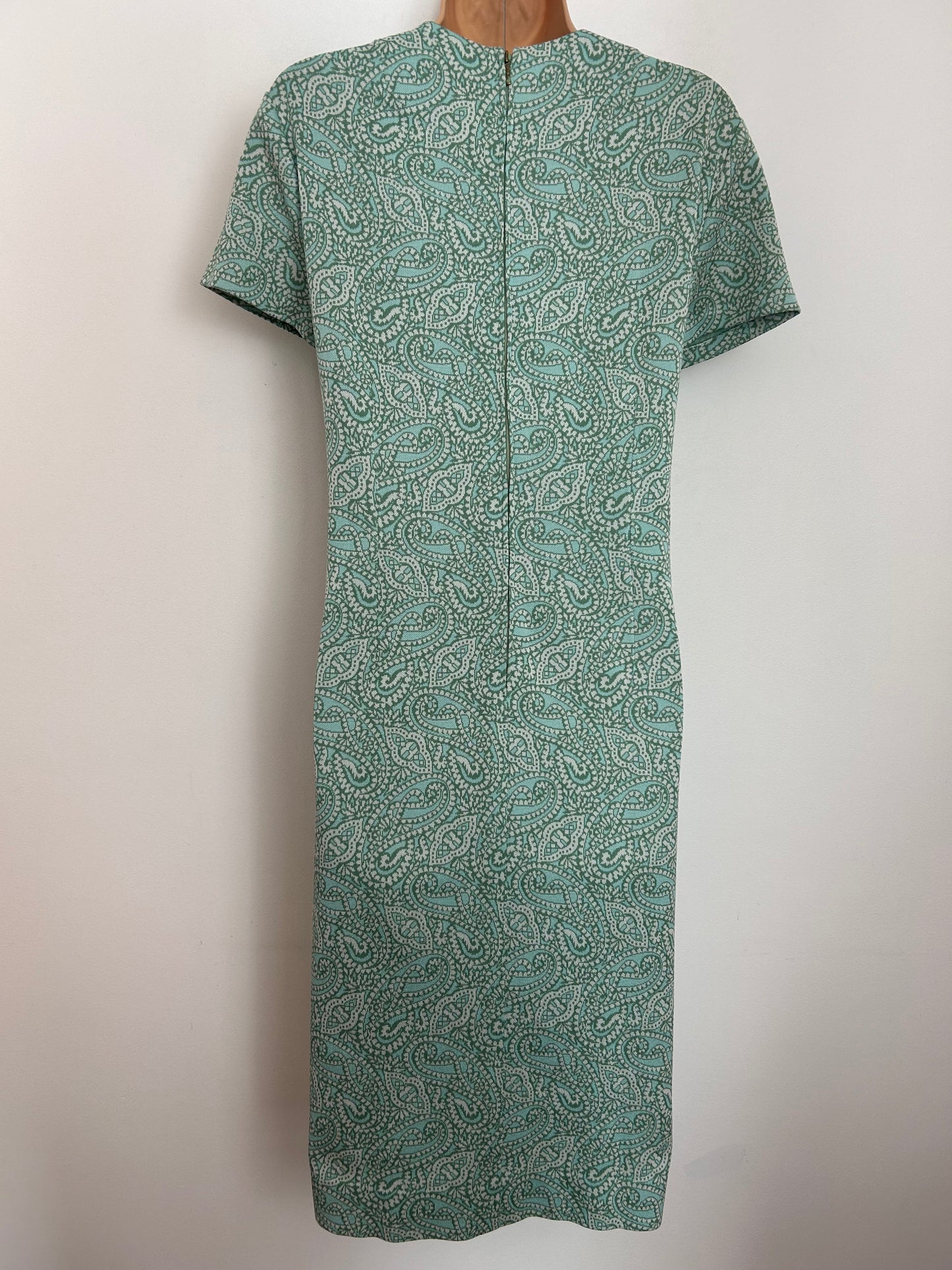 Vintage 1960s UK Size 16 Green Tones Paisley Print Crimplene Mod Shift Dress