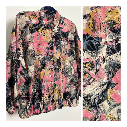 Vintage 1980s Size 14-16 Black & Pink Tone Abstract Floral Print Long Bat Wing Sleeve Blouson Style Shirt