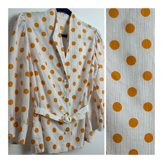 Vintage 1980s Size 12 White & Orange Polka Dot Cheesecloth Cotton Long Sleeve 40’s Style Belted Blouse