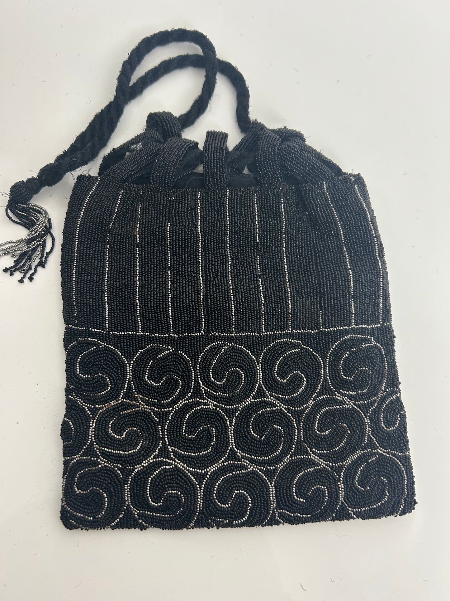Vintage Circa 1920s Black & Silver Micro Beaded Swirl Pattern Pouch Style Flapper Bag